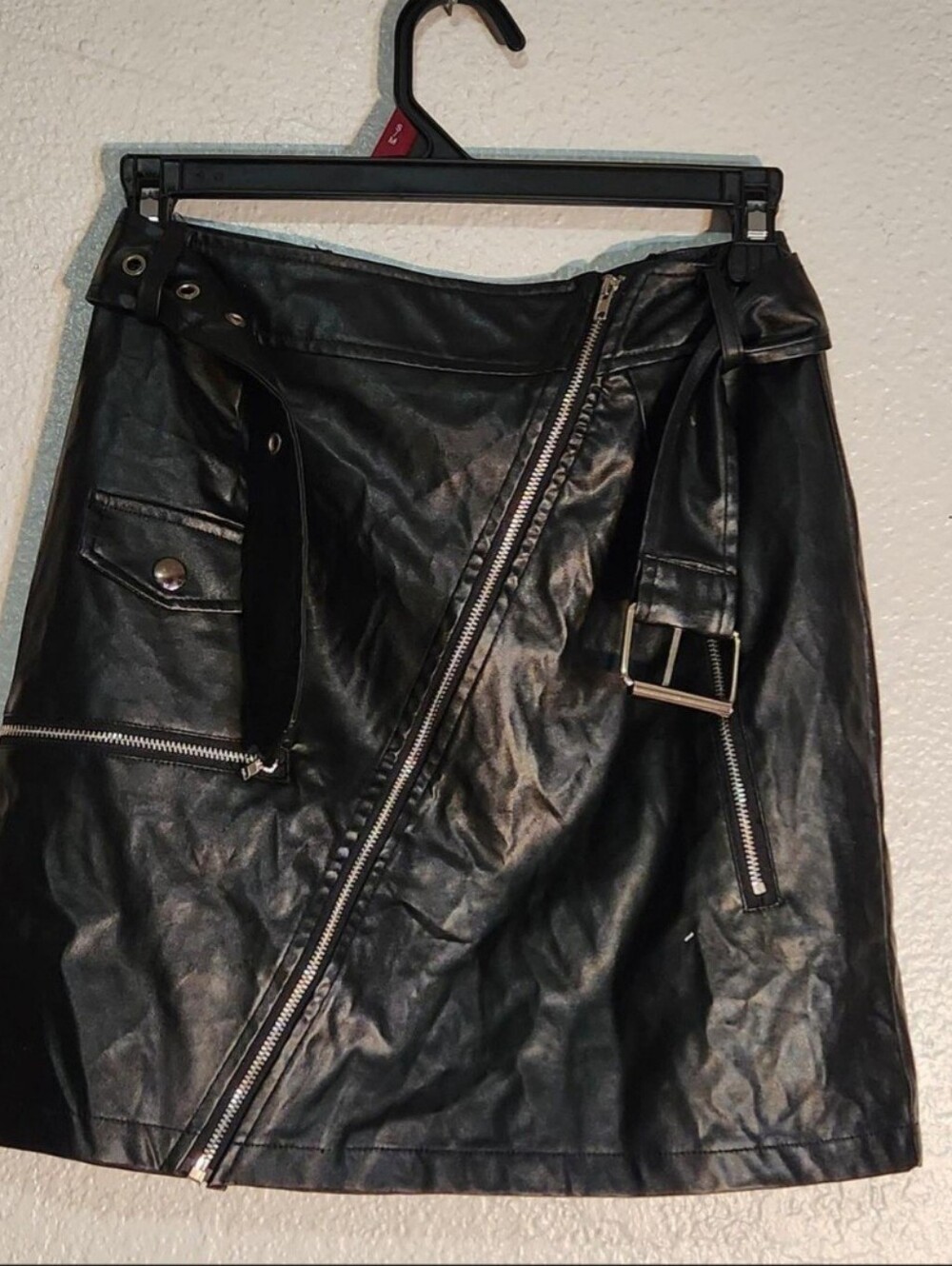 PrettyLittleThing Black Faux Leather Asymmetric Zip Mini Skirt
